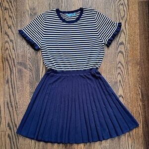 Draper James Knit Dress XXL Nautical Striped Ruffle Sleeve Pleated Skirt Stretch